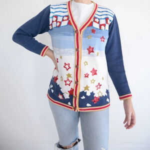 Vintage Storybook Knits Blue  & White Stars Knit Embroidered Cardigan Sweater S